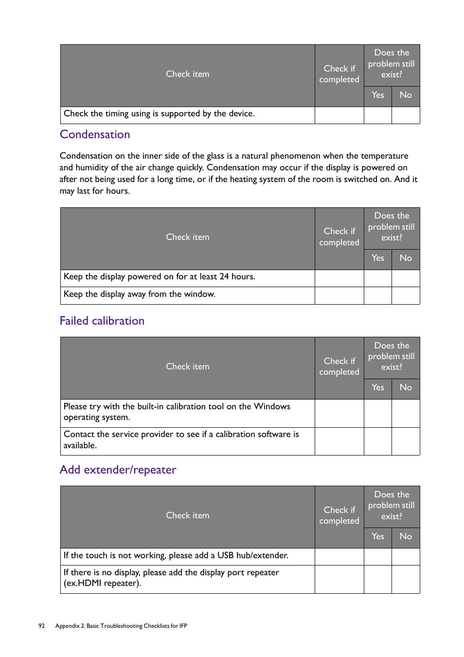 Condensation, Failed calibration, Add extender/repeater | Failed calibration add extender/repeater | BenQ RM8602K 86" Class 4K UHD Educational Touchscreen LED Display User Manual | Page 92 / 107