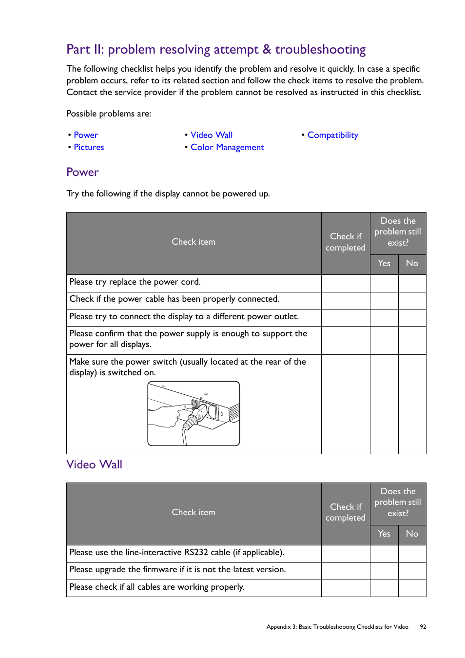 Power, Video wall | BenQ RM8602K 86" Class 4K UHD Educational Touchscreen LED Display User Manual | Page 97 / 107