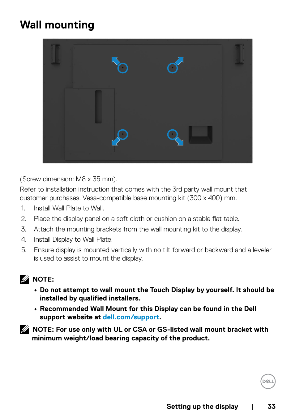 Wall mounting | Dell P5524QT 55" UHD 4K Touchscreen Commercial Monitor User Manual | Page 33 / 75