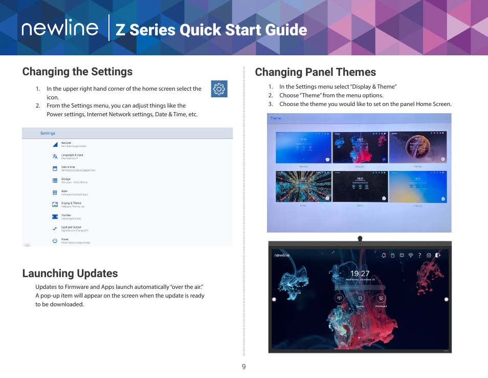 Z series quick start guide, Changing the settings, Changing panel themes | Launching updates | Newline Z Series TT-5522Z-UC 55" 4K PCAP Touchscreen Interactive Display with OPS Computer and 4K Camera User Manual | Page 10 / 14