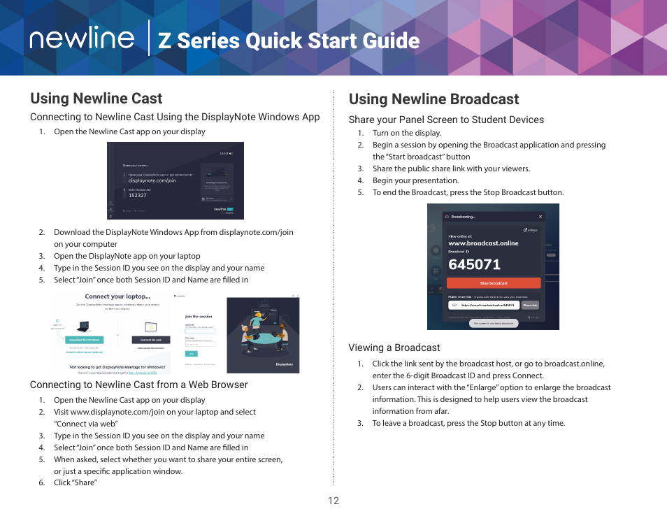 Z series quick start guide, Using newline broadcast, Using newline cast | Newline Z Series TT-5522Z-UC 55" 4K PCAP Touchscreen Interactive Display with OPS Computer and 4K Camera User Manual | Page 13 / 14