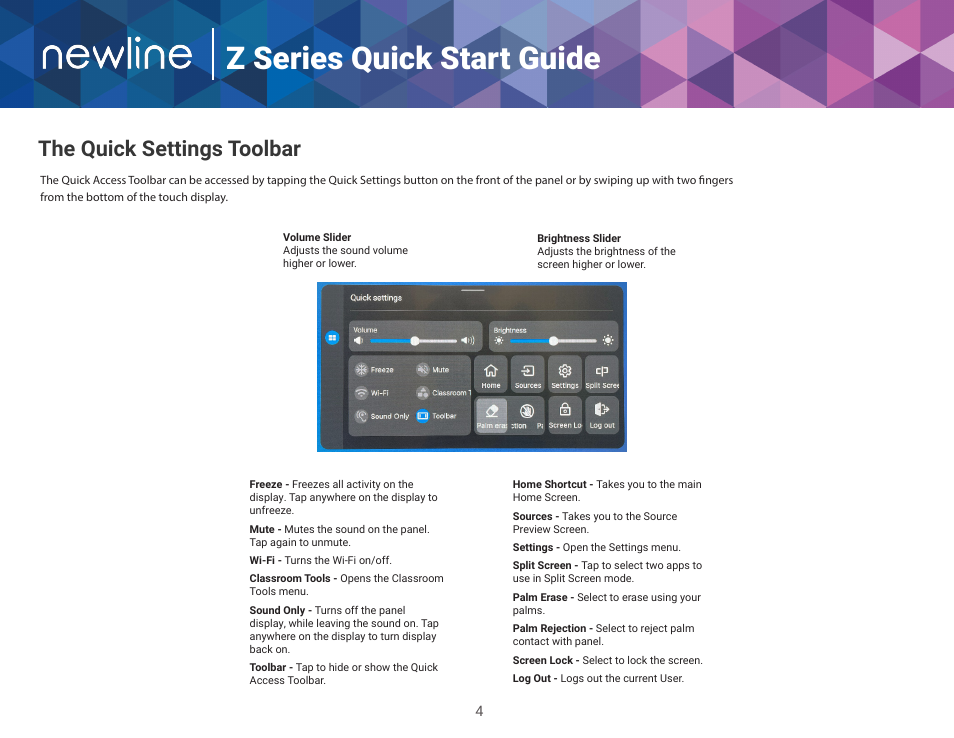 Z series quick start guide, The quick settings toolbar | Newline Z Series TT-5522Z-UC 55" 4K PCAP Touchscreen Interactive Display with OPS Computer and 4K Camera User Manual | Page 5 / 14