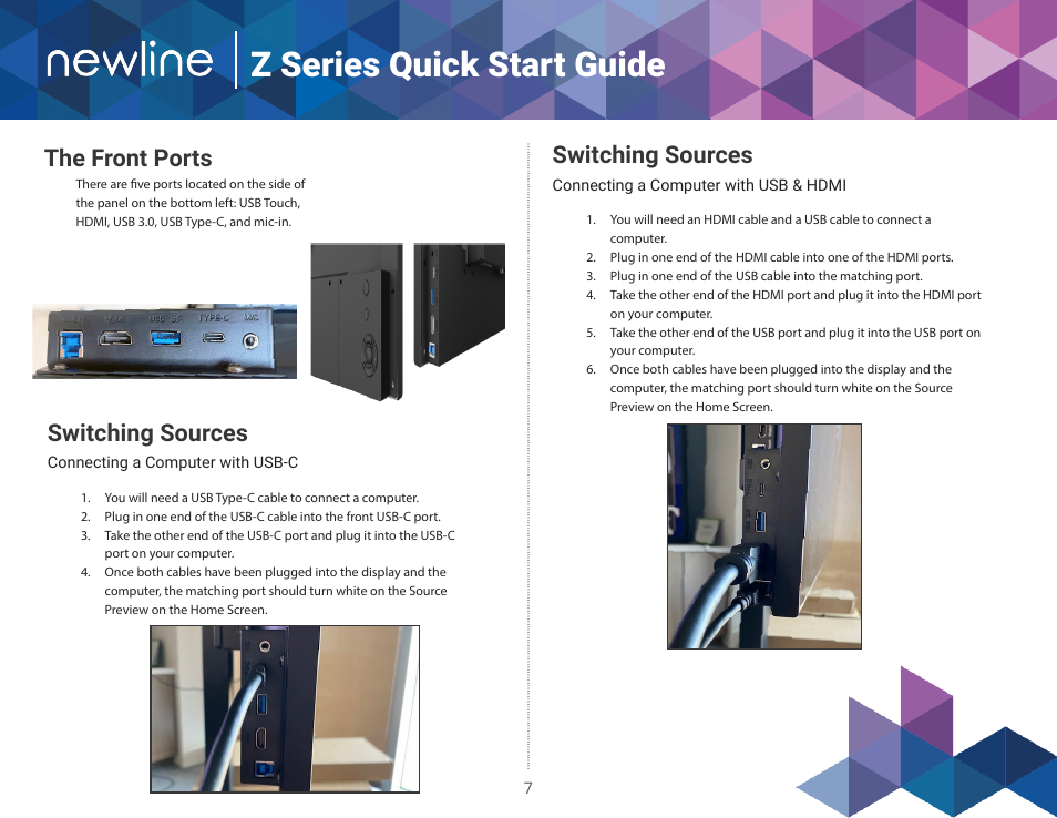 Z series quick start guide, The front ports, Switching sources | Newline Z Series TT-5522Z-UC 55" 4K PCAP Touchscreen Interactive Display with OPS Computer and 4K Camera User Manual | Page 8 / 14
