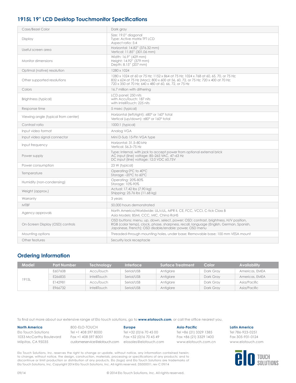 Ordering information | Elo TouchSystems 1915L 19" AccuTouch Antiglare LCD Desktop Touchmonitor (Dark Gray) User Manual | Page 2 / 2