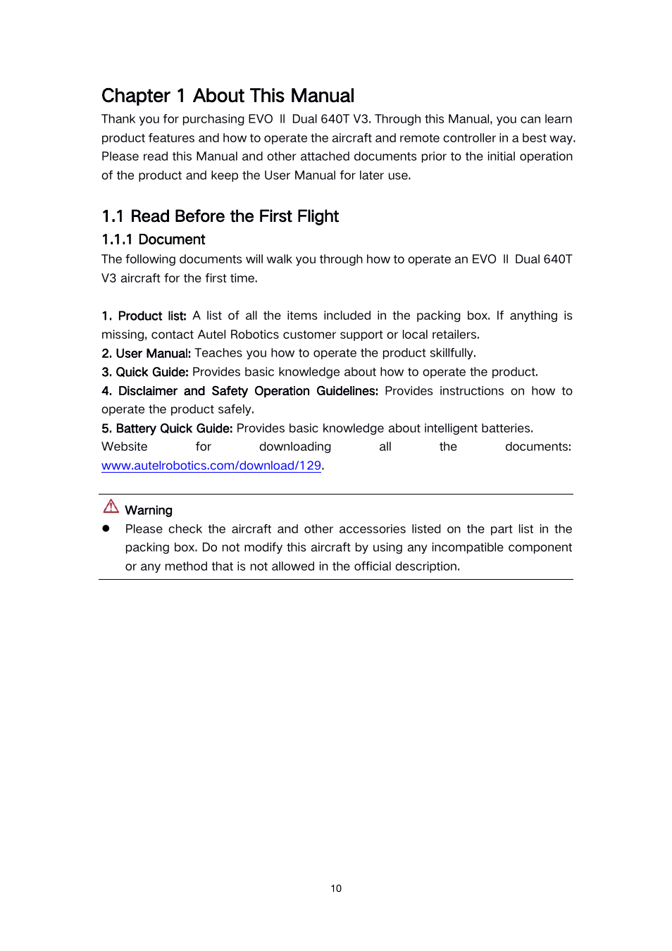 Chapter 1 about this manual, 1 read before the first flight, 1 document | Autel Robotics EVO II Dual 640T Enterprise Bundle V3 Drone with Thermal Imaging User Manual | Page 10 / 62