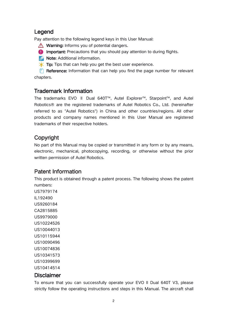 Legend, Trademark information, Copyright | Patent information, Disclaimer | Autel Robotics EVO II Dual 640T Enterprise Bundle V3 Drone with Thermal Imaging User Manual | Page 2 / 62