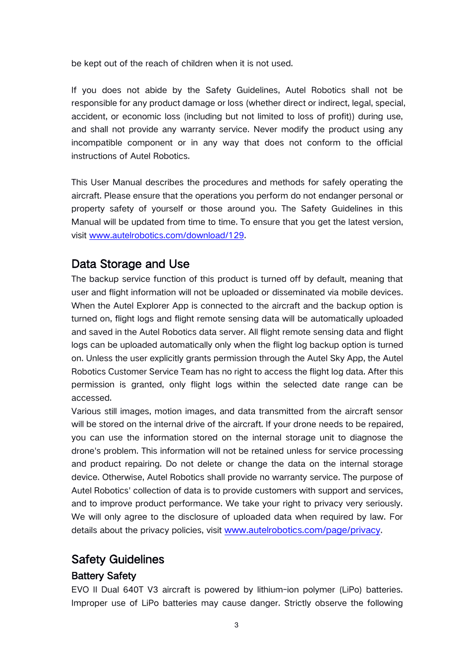 Data storage and use, Safety guidelines | Autel Robotics EVO II Dual 640T Enterprise Bundle V3 Drone with Thermal Imaging User Manual | Page 3 / 62