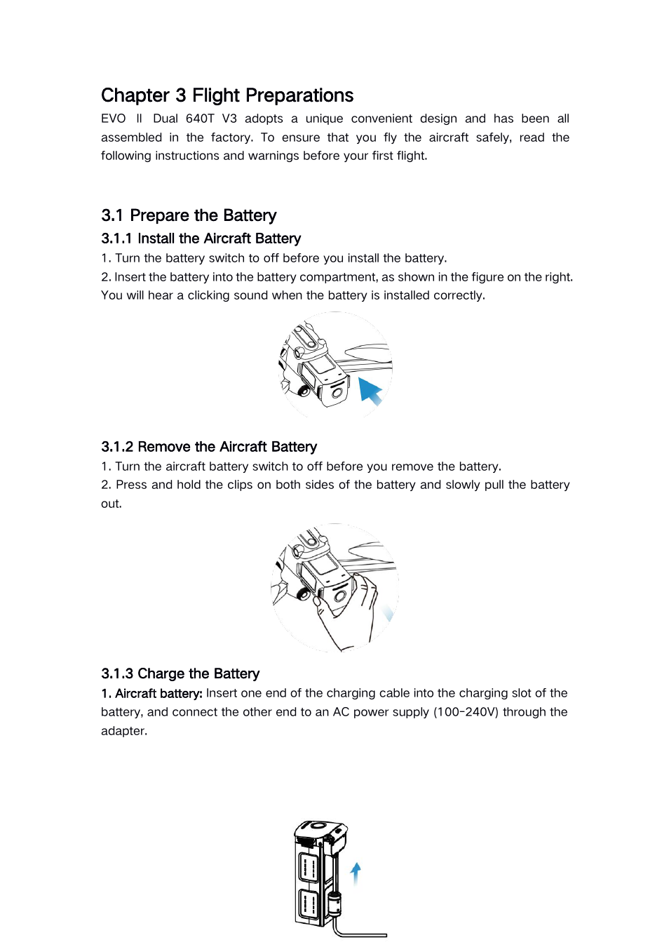 Chapter 3 flight preparations, 1 prepare the battery, 1 install the aircraft battery | 2 remove the aircraft battery, 3 charge the battery | Autel Robotics EVO II Dual 640T Enterprise Bundle V3 Drone with Thermal Imaging User Manual | Page 40 / 62