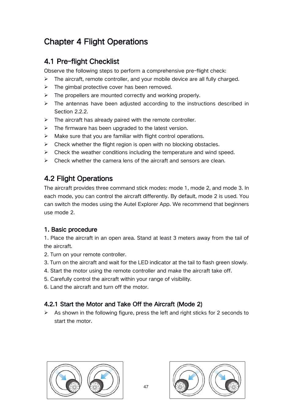 Chapter 4 flight operations, 1 pre-flight checklist, 2 flight operations | Autel Robotics EVO II Dual 640T Enterprise Bundle V3 Drone with Thermal Imaging User Manual | Page 47 / 62
