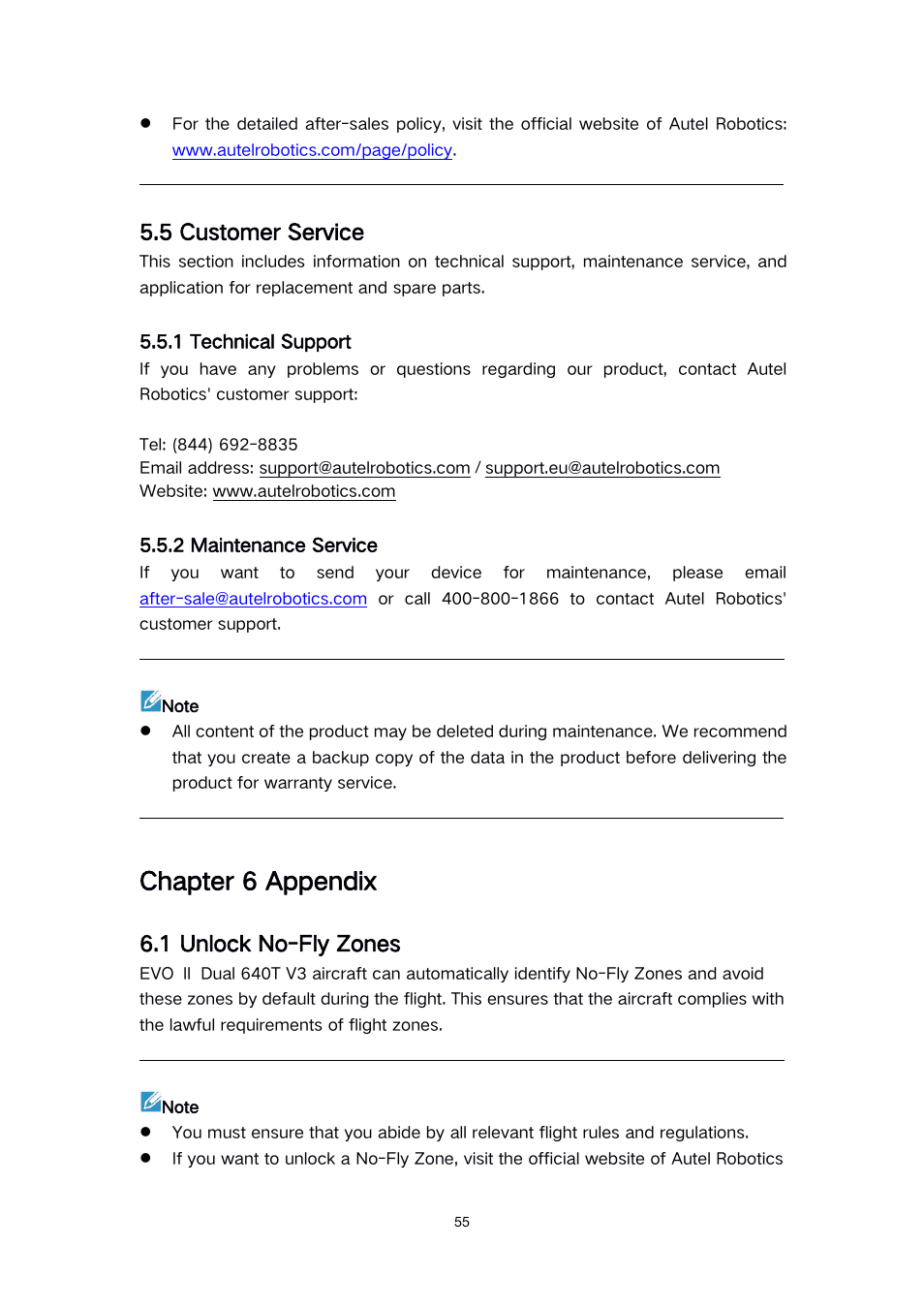 Chapter 6 appendix, 5 customer service, 1 technical support | 2 maintenance service, 1 unlock no-fly zones | Autel Robotics EVO II Dual 640T Enterprise Bundle V3 Drone with Thermal Imaging User Manual | Page 55 / 62