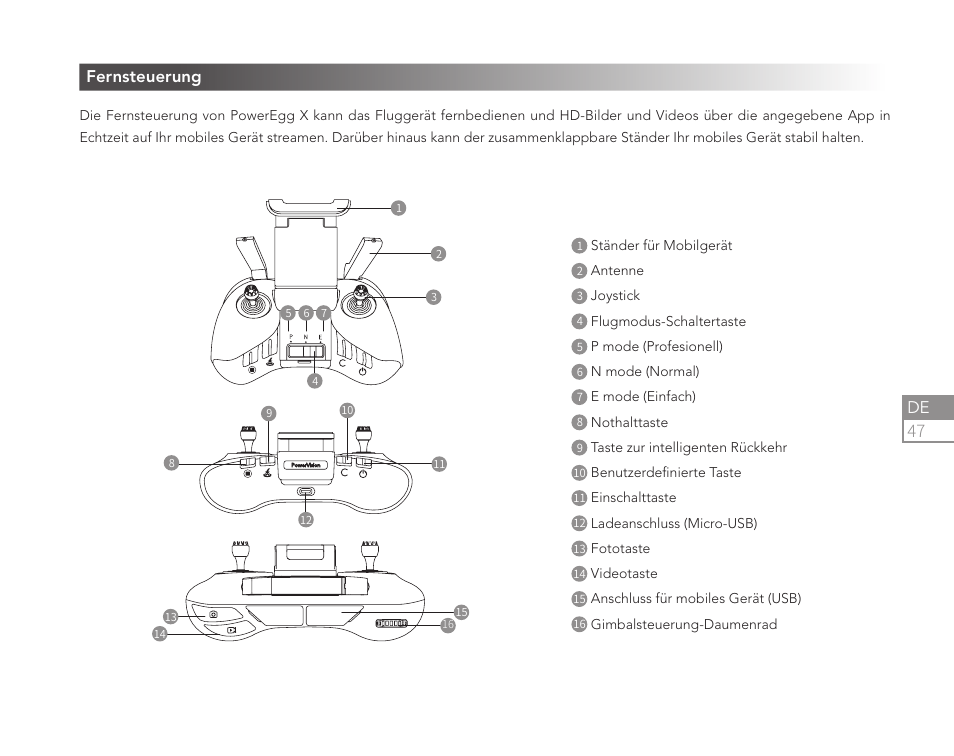 47 de, Fernsteuerung | Power Vision PowerEgg X Explorer AI Camera & Drone User Manual | Page 49 / 84