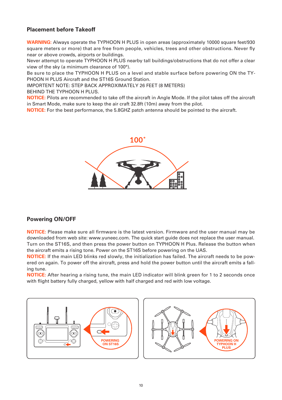 Placement before takeoff, Powering on/off | YUNEEC Typhoon H Plus Hexacopter User Manual | Page 10 / 28