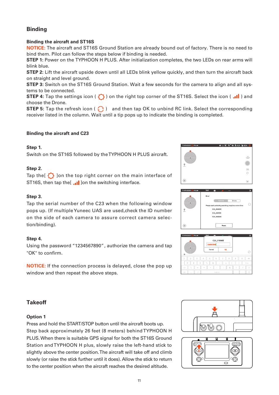 Takeoff, Binding | YUNEEC Typhoon H Plus Hexacopter User Manual | Page 11 / 28
