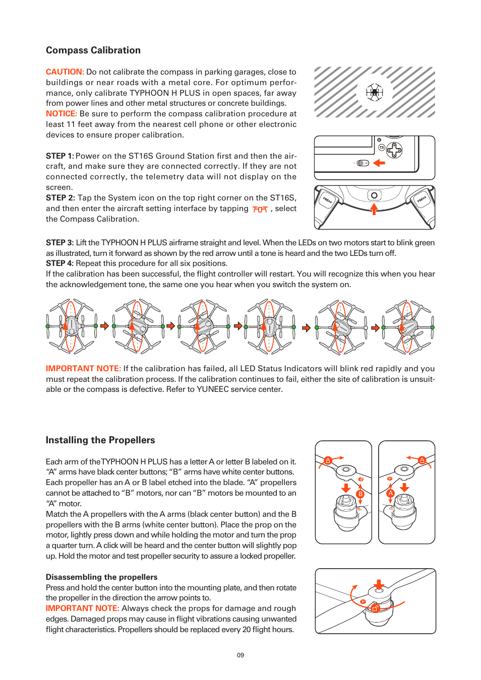 Compass calibration, Installing the propellers | YUNEEC Typhoon H Plus Hexacopter User Manual | Page 9 / 28