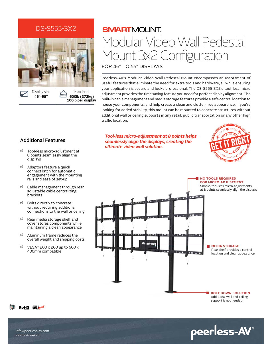 Peerless-AV Modular Video Wall Pedestal Mount for 46 to 55" Displays (3x2 Configuration) User Manual | 2 pages