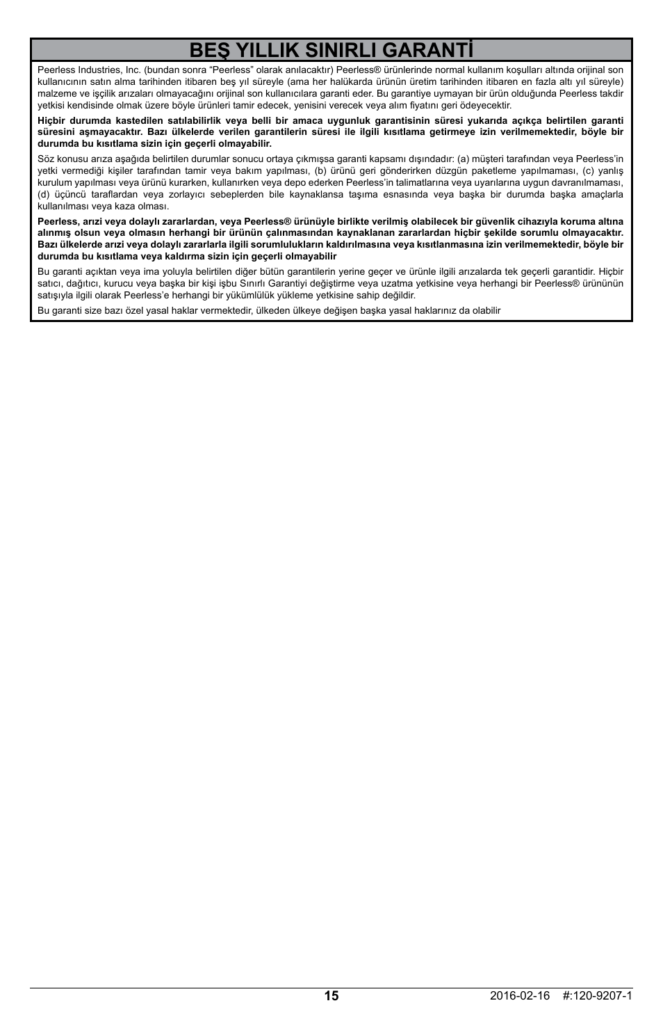 Beş yillik sinirli garanti̇ | Peerless-AV ACC-LGOLED Adapter Bracket for Select OLED TVs User Manual | Page 15 / 16