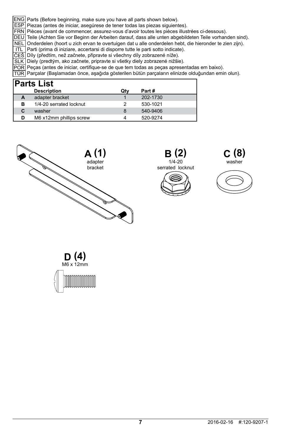 D (4), C (8) a (1) b (2), Parts list | Peerless-AV ACC-LGOLED Adapter Bracket for Select OLED TVs User Manual | Page 7 / 16