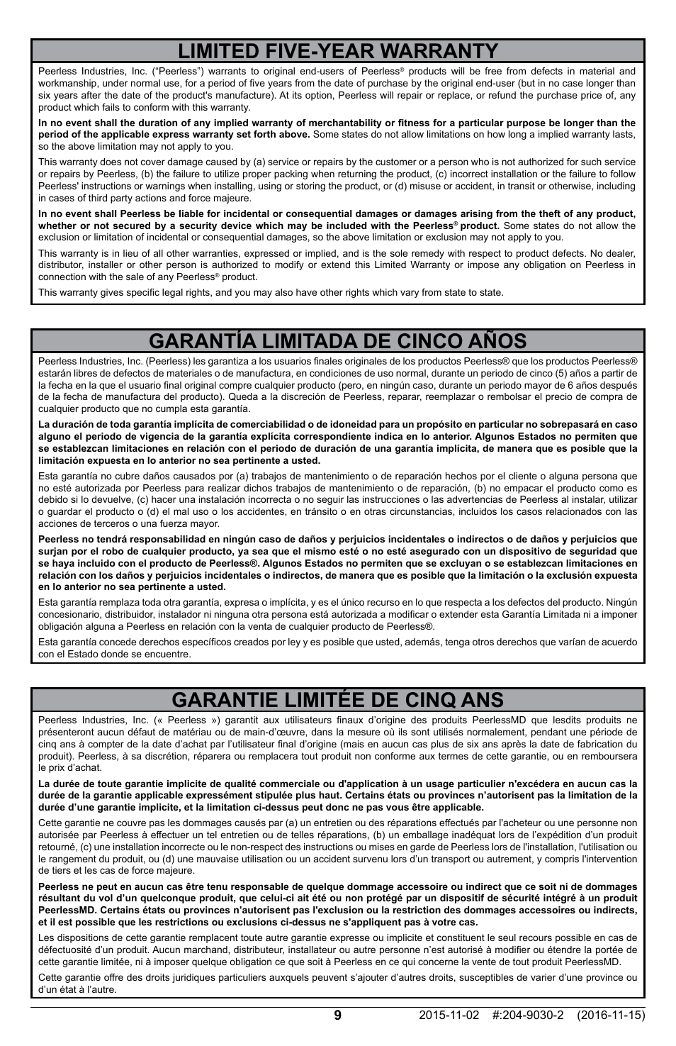 Garantía limitada de cinco años, Garantie limitée de cinq ans, Limited five-year warranty | Peerless-AV Universal Display Adapter Plate User Manual | Page 9 / 12