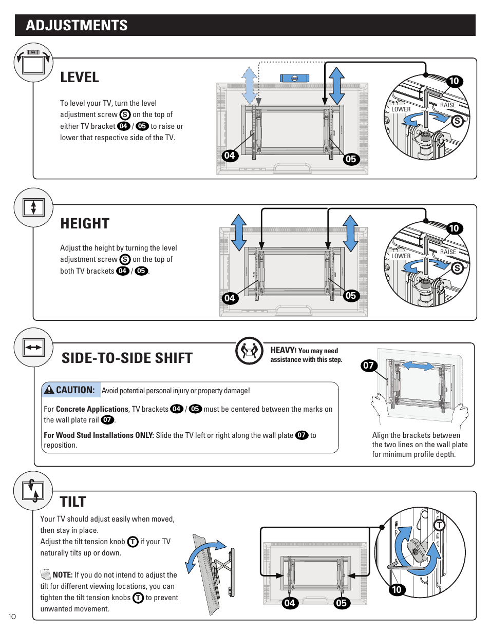 Adjustments, Level height, Tilt | Side-to-side shift | Sanus Systems Advanced Tilt 4D Premium TV Wall Mount for 42 to 90" Displays User Manual | Page 10 / 44