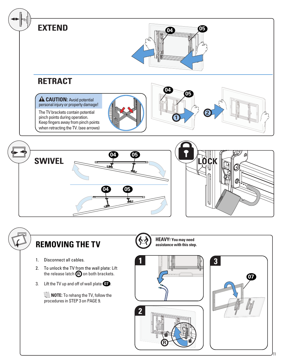 Extend retract, Removing the tv, Swivel | Lock | Sanus Systems Advanced Tilt 4D Premium TV Wall Mount for 42 to 90" Displays User Manual | Page 11 / 44
