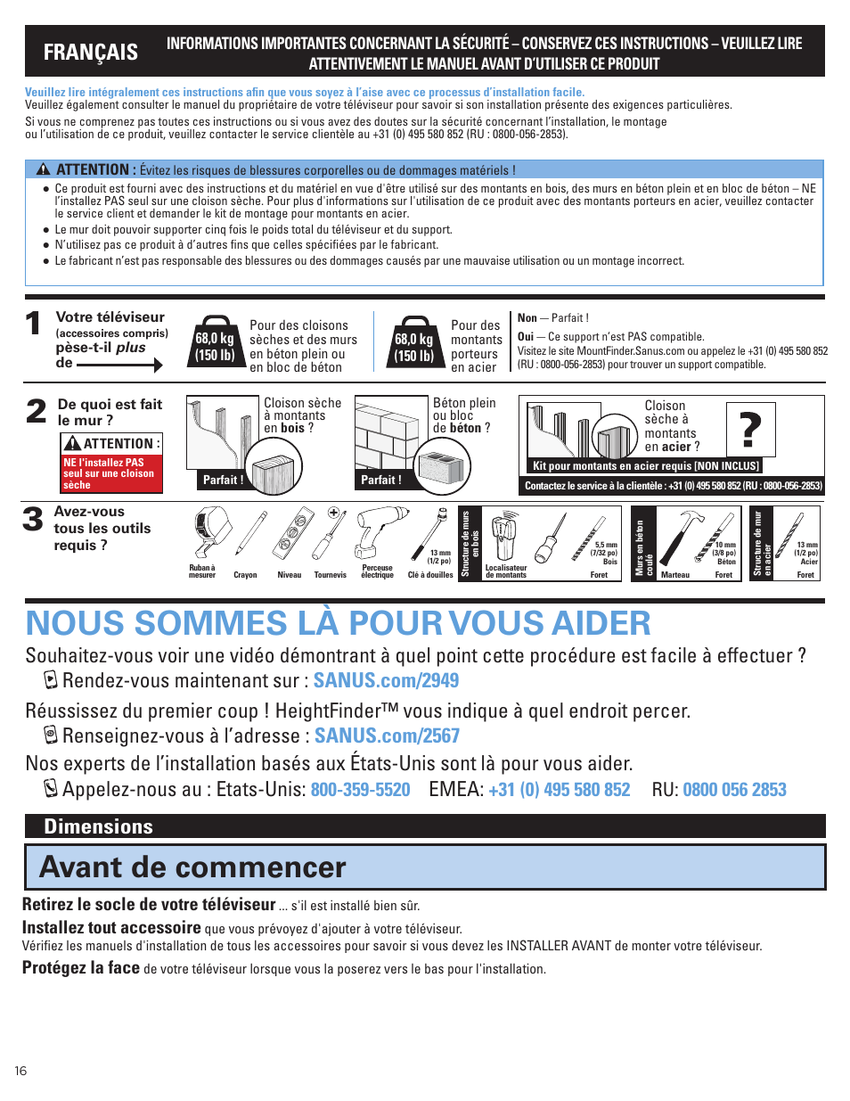 Nous sommes là pour vous aider, Avant de commencer, Français | Dimensions, Emea, Retirez le socle de votre téléviseur, Installez tout accessoire, Protégez la face | Sanus Systems Advanced Tilt 4D Premium TV Wall Mount for 42 to 90" Displays User Manual | Page 16 / 44