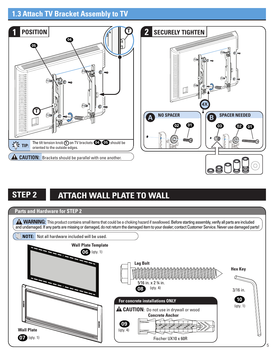 Attach wall plate to wall step 2, 3 attach tv bracket assembly to tv, Securely tighten | Position | Sanus Systems Advanced Tilt 4D Premium TV Wall Mount for 42 to 90" Displays User Manual | Page 5 / 44