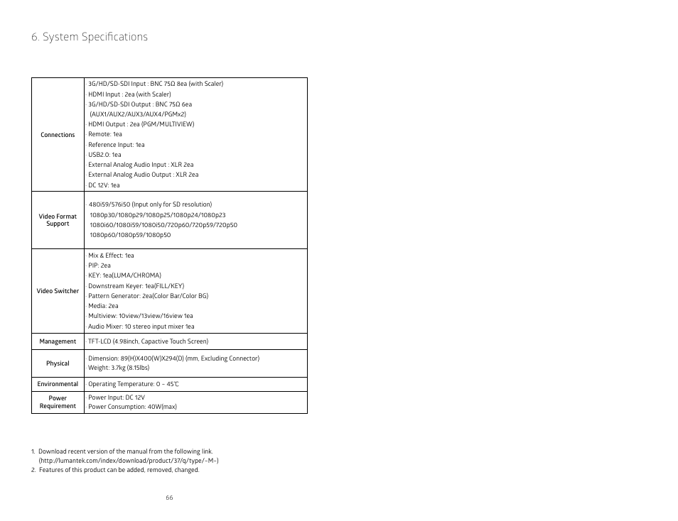 System specifications | Lumantek ez-Pro VS10 3G-SDI/HDMI Video Switcher with 5" LED Touchscreen User Manual | Page 34 / 35