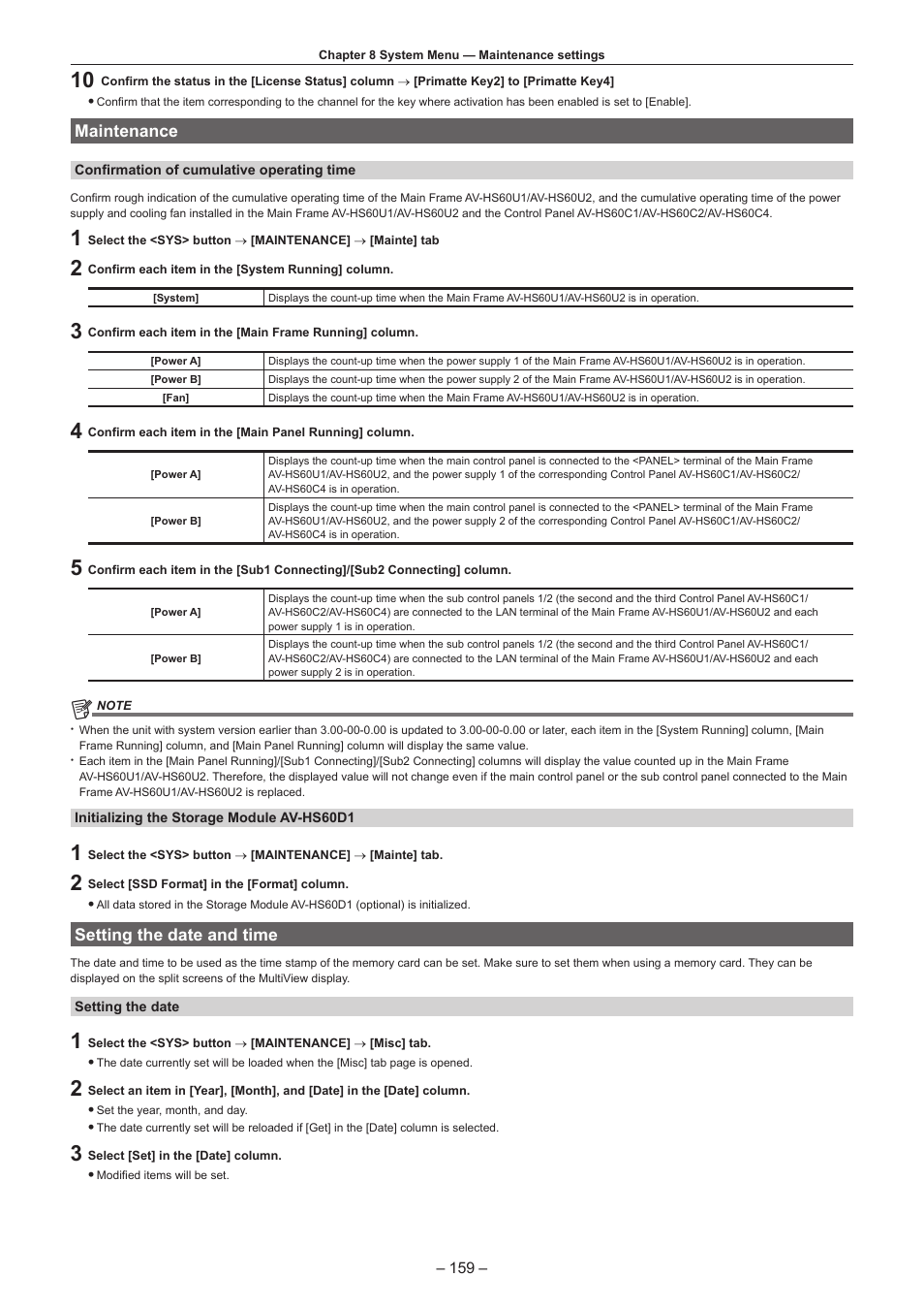 Maintenance, Setting the date and time | Panasonic AV-HS6000 2 M/E Live Switcher Main Frame & Control Panel (Dual Redundant Power Supplies) User Manual | Page 159 / 206