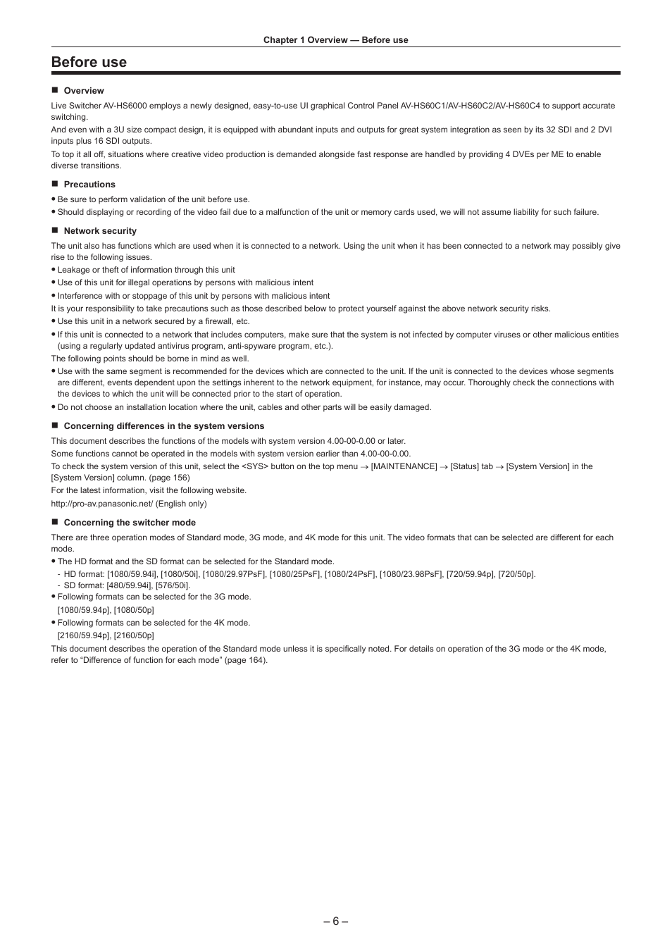 Before use | Panasonic AV-HS6000 2 M/E Live Switcher Main Frame & Control Panel (Dual Redundant Power Supplies) User Manual | Page 6 / 206