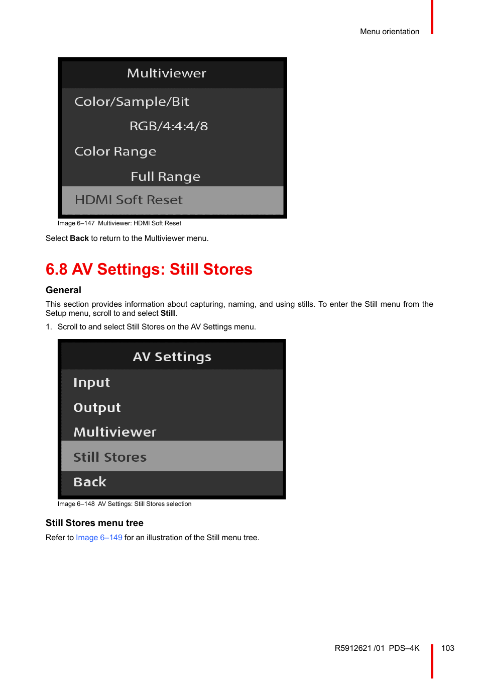 8 av settings: still stores, Av settings: still stores | Barco PDS-4K HDMI Presentation Switcher User Manual | Page 103 / 224