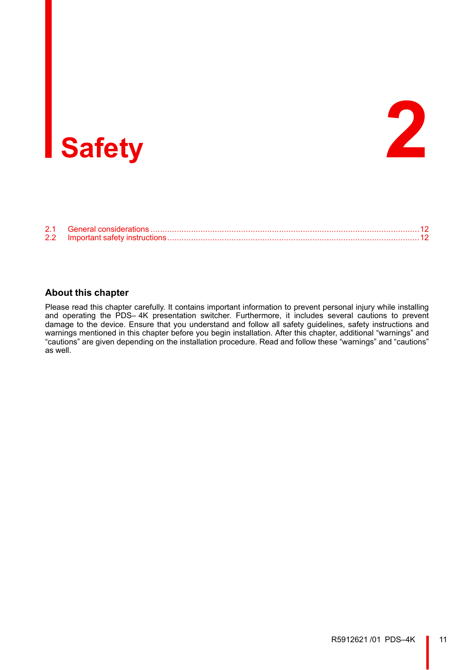 2 safety, Safety | Barco PDS-4K HDMI Presentation Switcher User Manual | Page 11 / 224