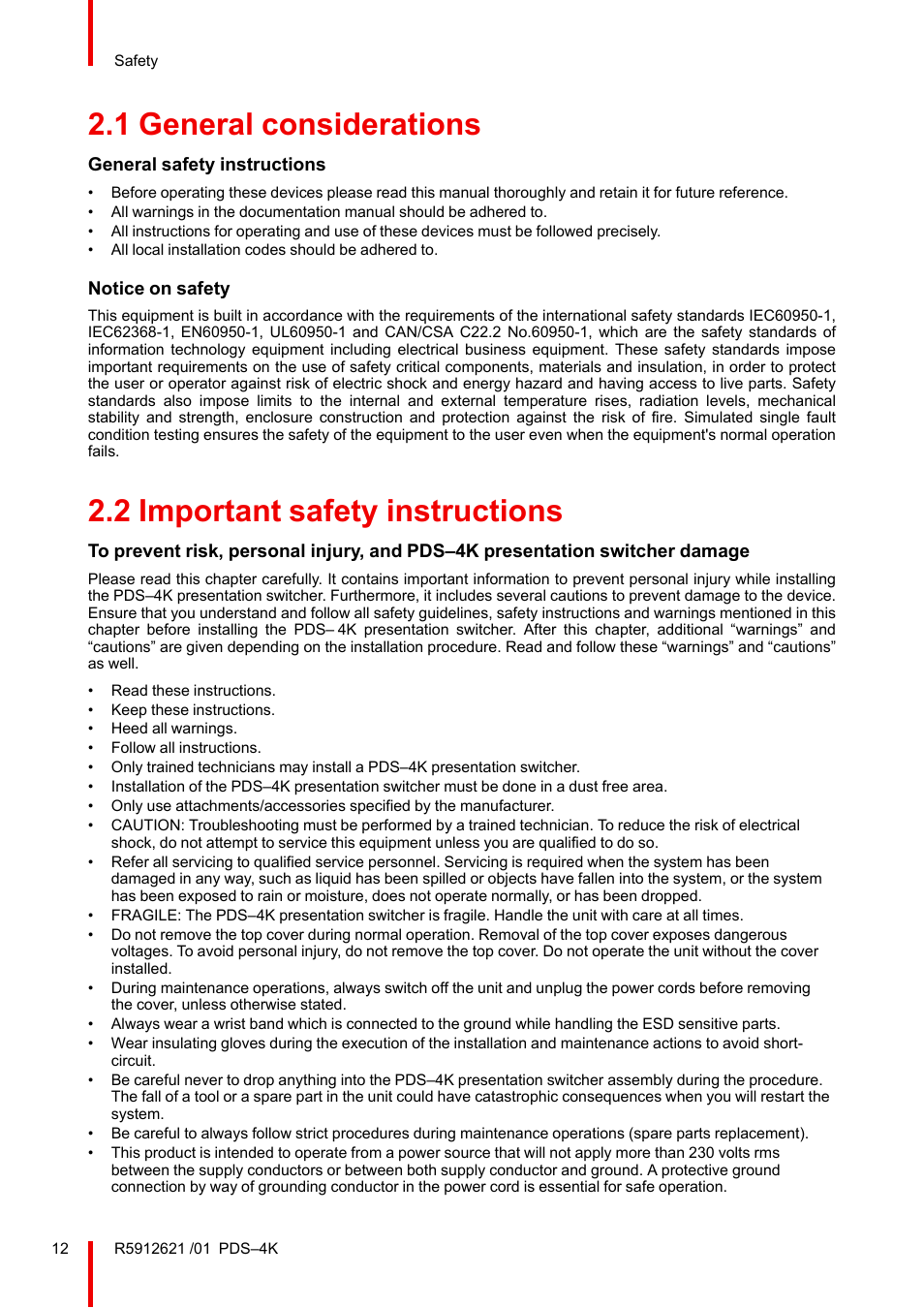 1 general considerations, 2 important safety instructions, General considerations | Important safety instructions | Barco PDS-4K HDMI Presentation Switcher User Manual | Page 12 / 224