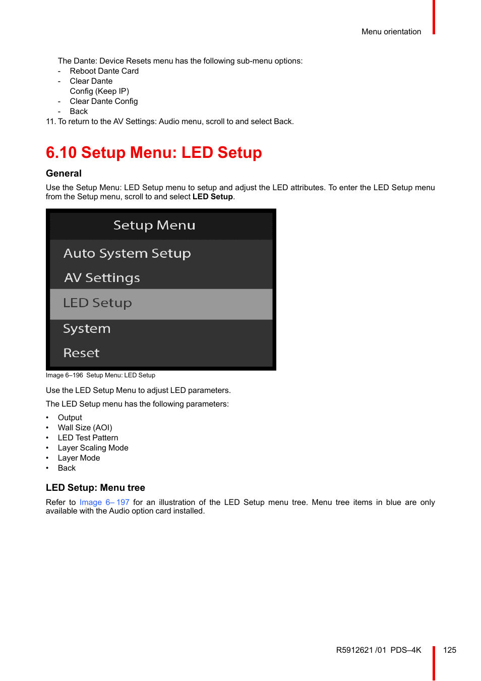 10 setup menu: led setup, Setup menu: led setup | Barco PDS-4K HDMI Presentation Switcher User Manual | Page 125 / 224