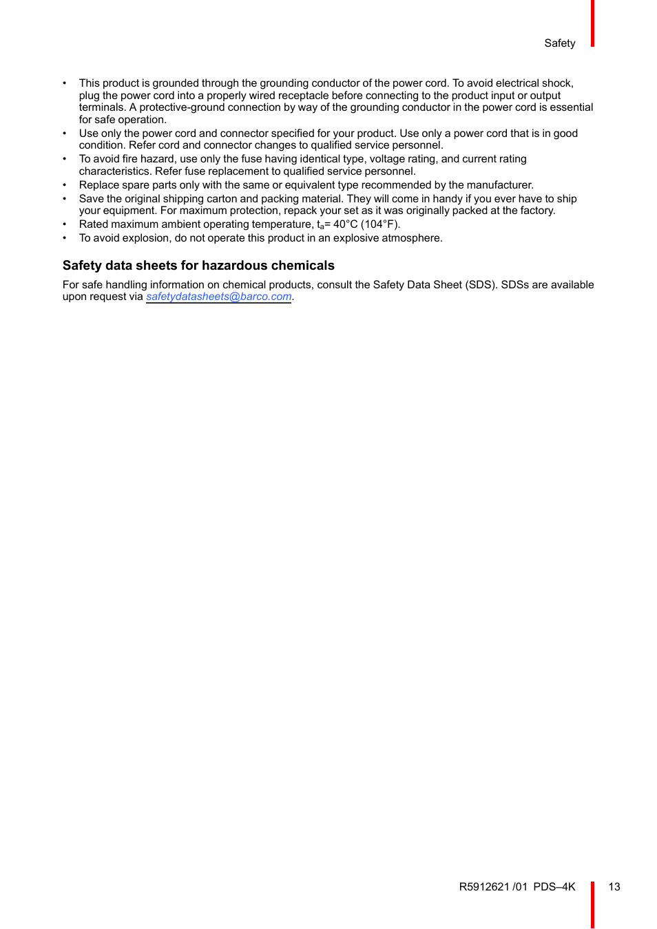 Safety data sheets for hazardous chemicals | Barco PDS-4K HDMI Presentation Switcher User Manual | Page 13 / 224