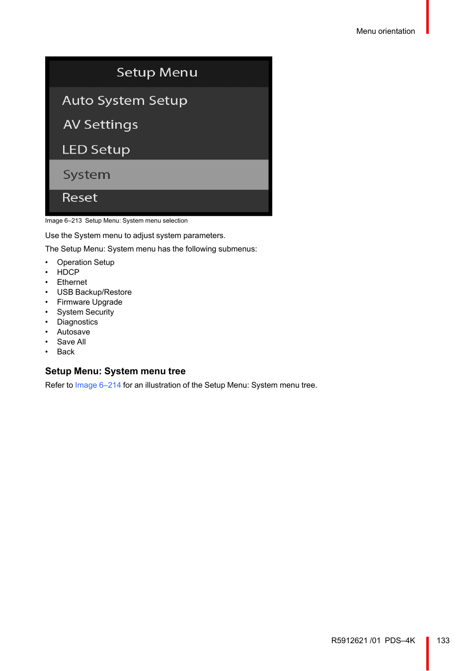 Setup menu: system menu tree | Barco PDS-4K HDMI Presentation Switcher User Manual | Page 133 / 224