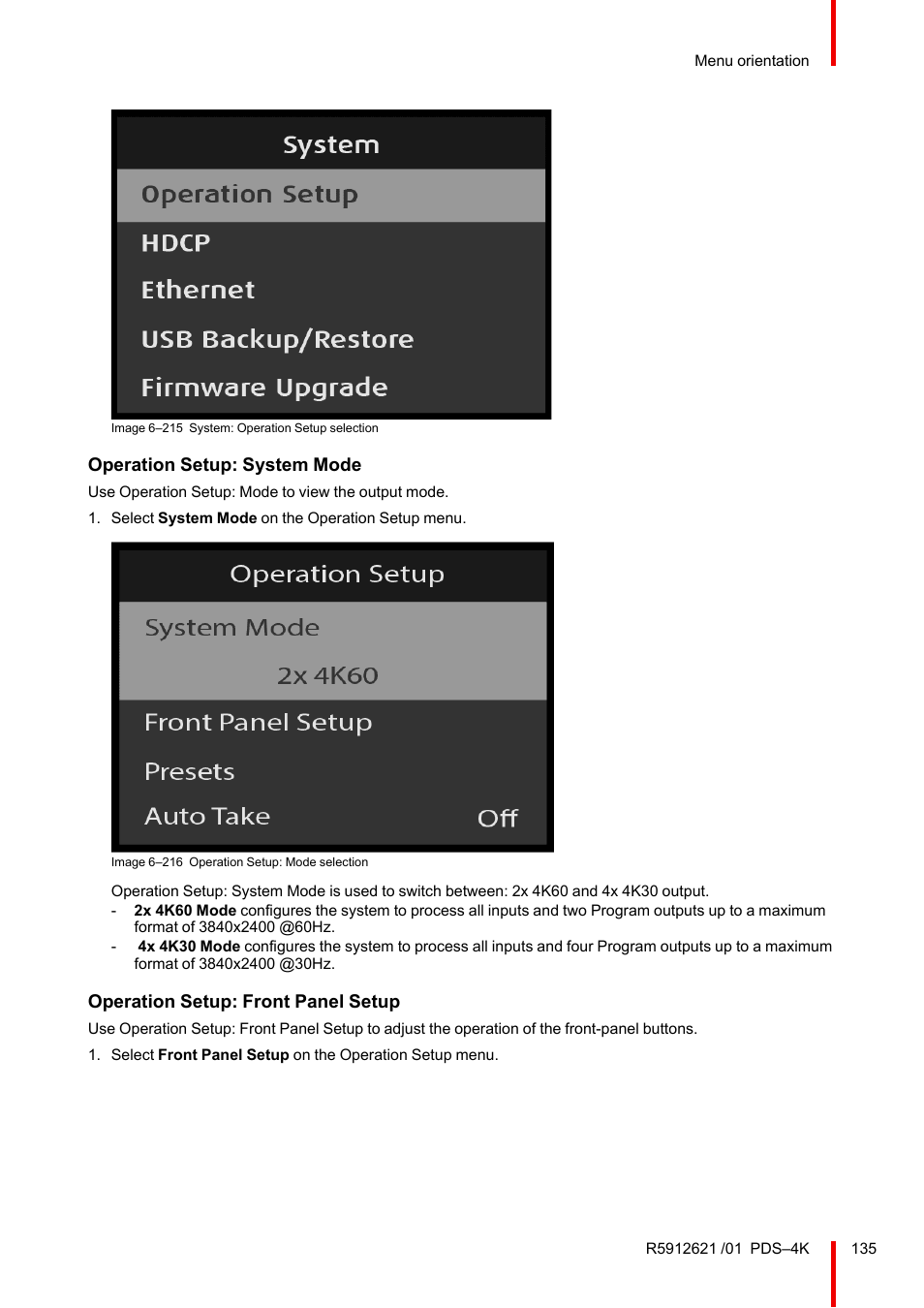 Operation setup: system mode, Operation setup: front panel setup | Barco PDS-4K HDMI Presentation Switcher User Manual | Page 135 / 224