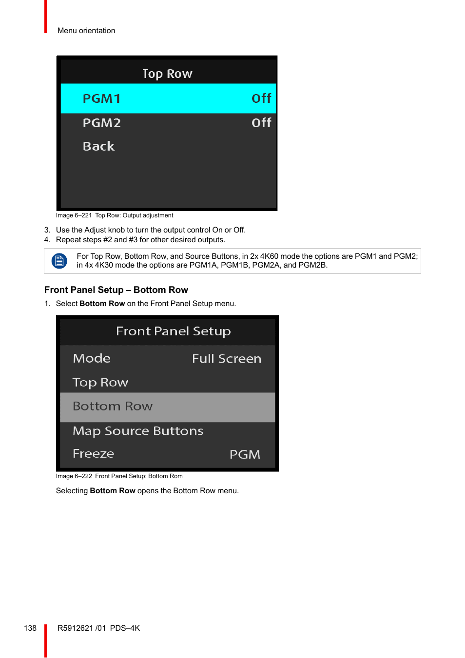 Front panel setup – bottom row | Barco PDS-4K HDMI Presentation Switcher User Manual | Page 138 / 224