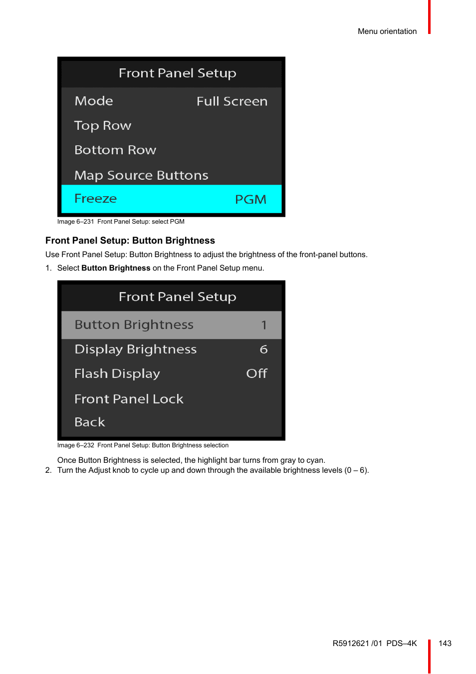 Front panel setup: button brightness | Barco PDS-4K HDMI Presentation Switcher User Manual | Page 143 / 224