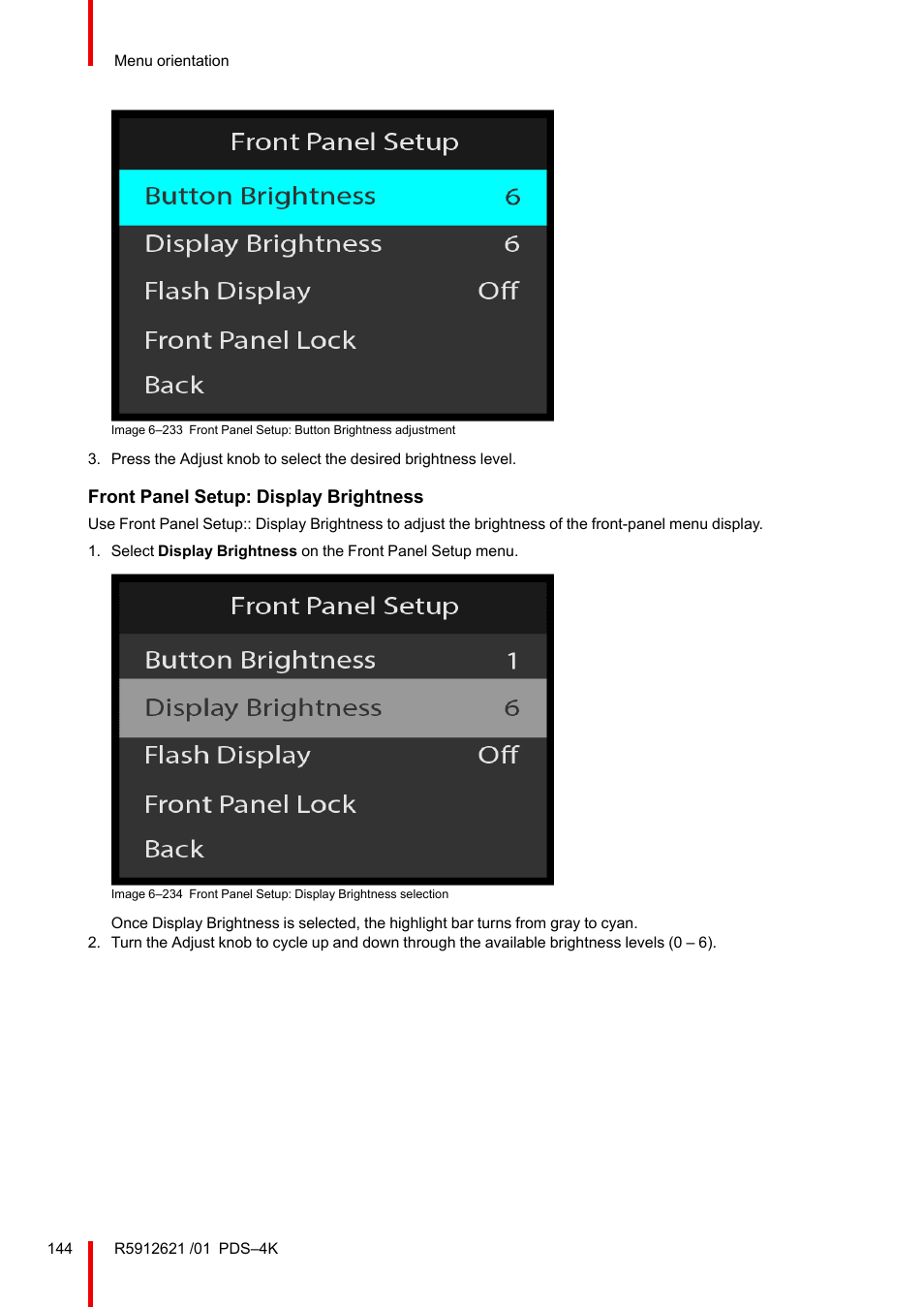 Front panel setup: display brightness | Barco PDS-4K HDMI Presentation Switcher User Manual | Page 144 / 224