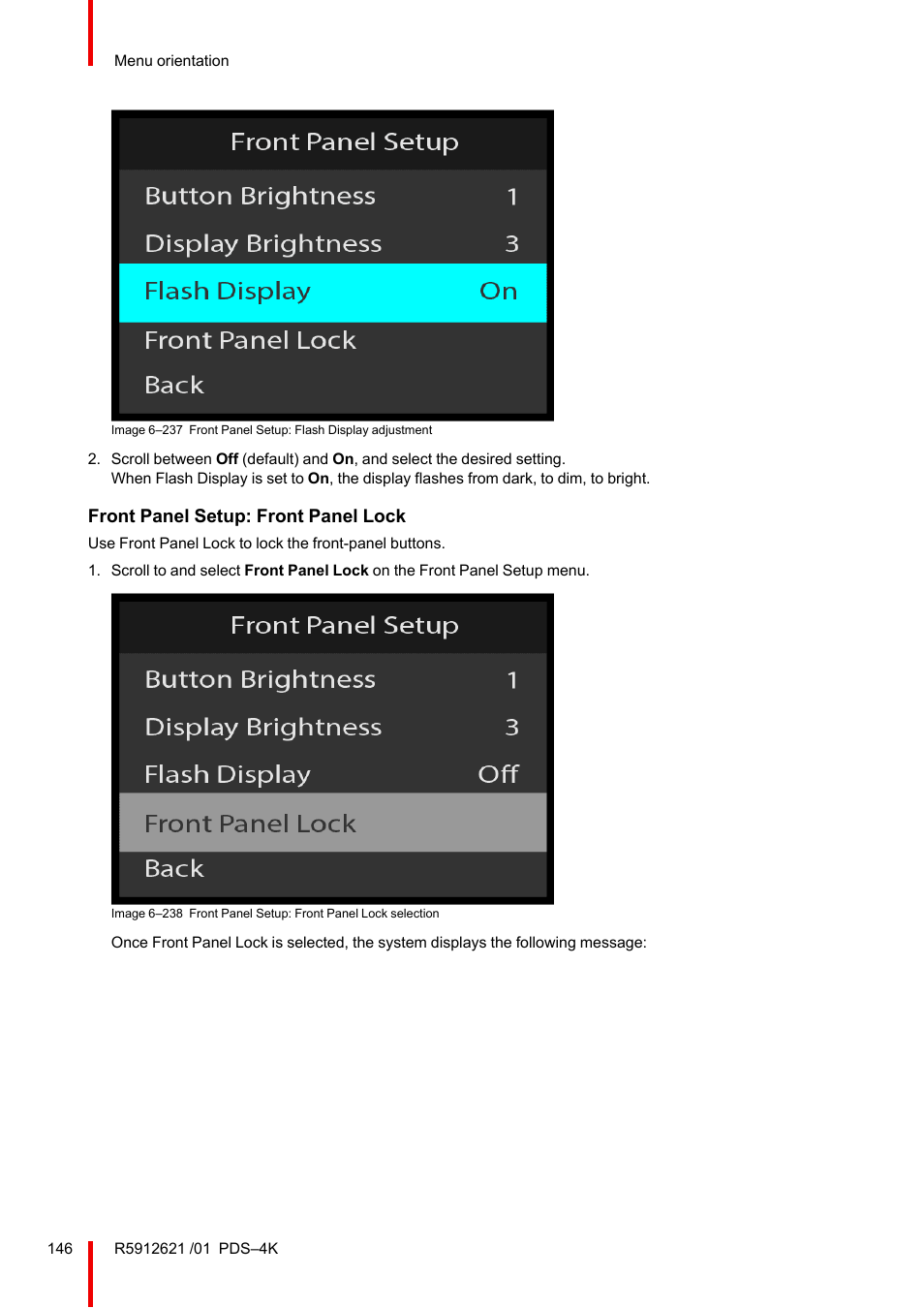 Front panel setup: front panel lock | Barco PDS-4K HDMI Presentation Switcher User Manual | Page 146 / 224