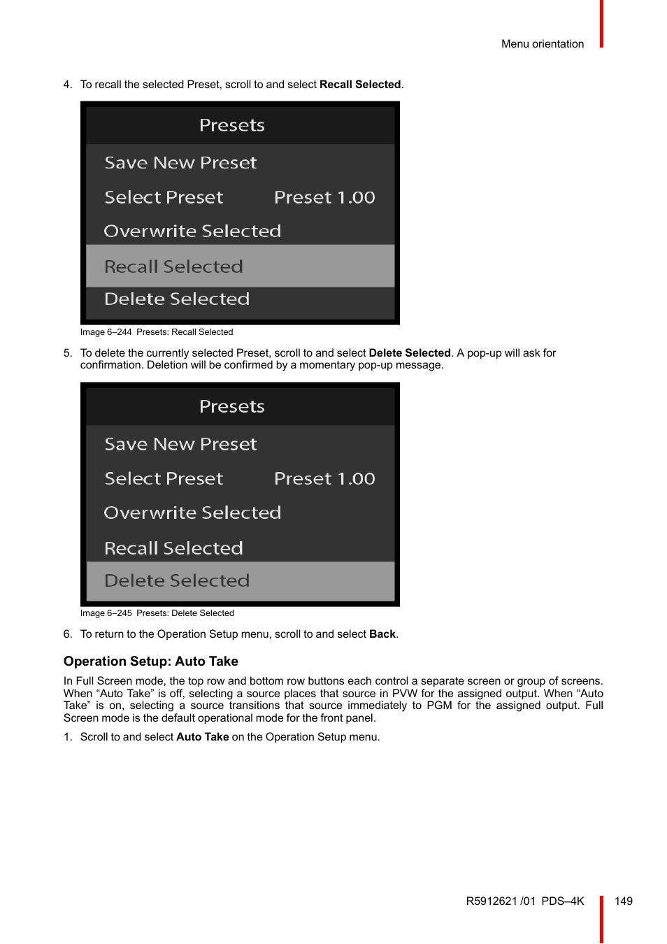 Operation setup: auto take | Barco PDS-4K HDMI Presentation Switcher User Manual | Page 149 / 224