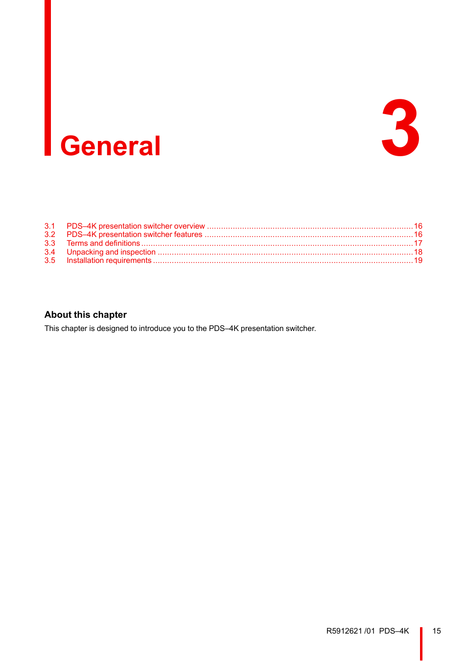 3 general, General | Barco PDS-4K HDMI Presentation Switcher User Manual | Page 15 / 224