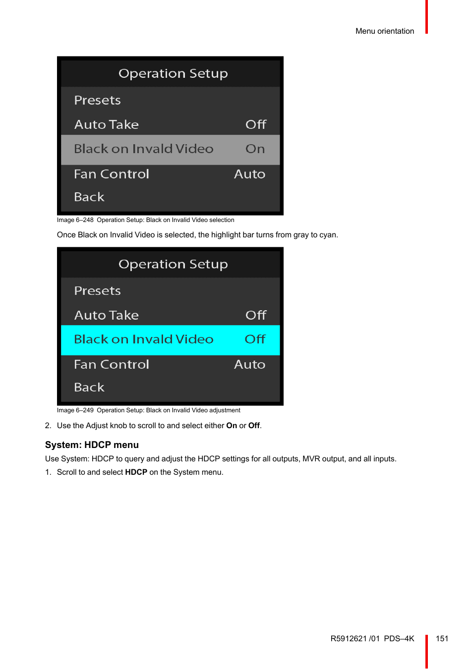 System: hdcp menu | Barco PDS-4K HDMI Presentation Switcher User Manual | Page 151 / 224