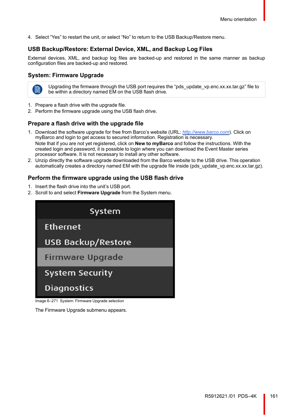 System: firmware upgrade, Prepare a flash drive with the upgrade file | Barco PDS-4K HDMI Presentation Switcher User Manual | Page 161 / 224