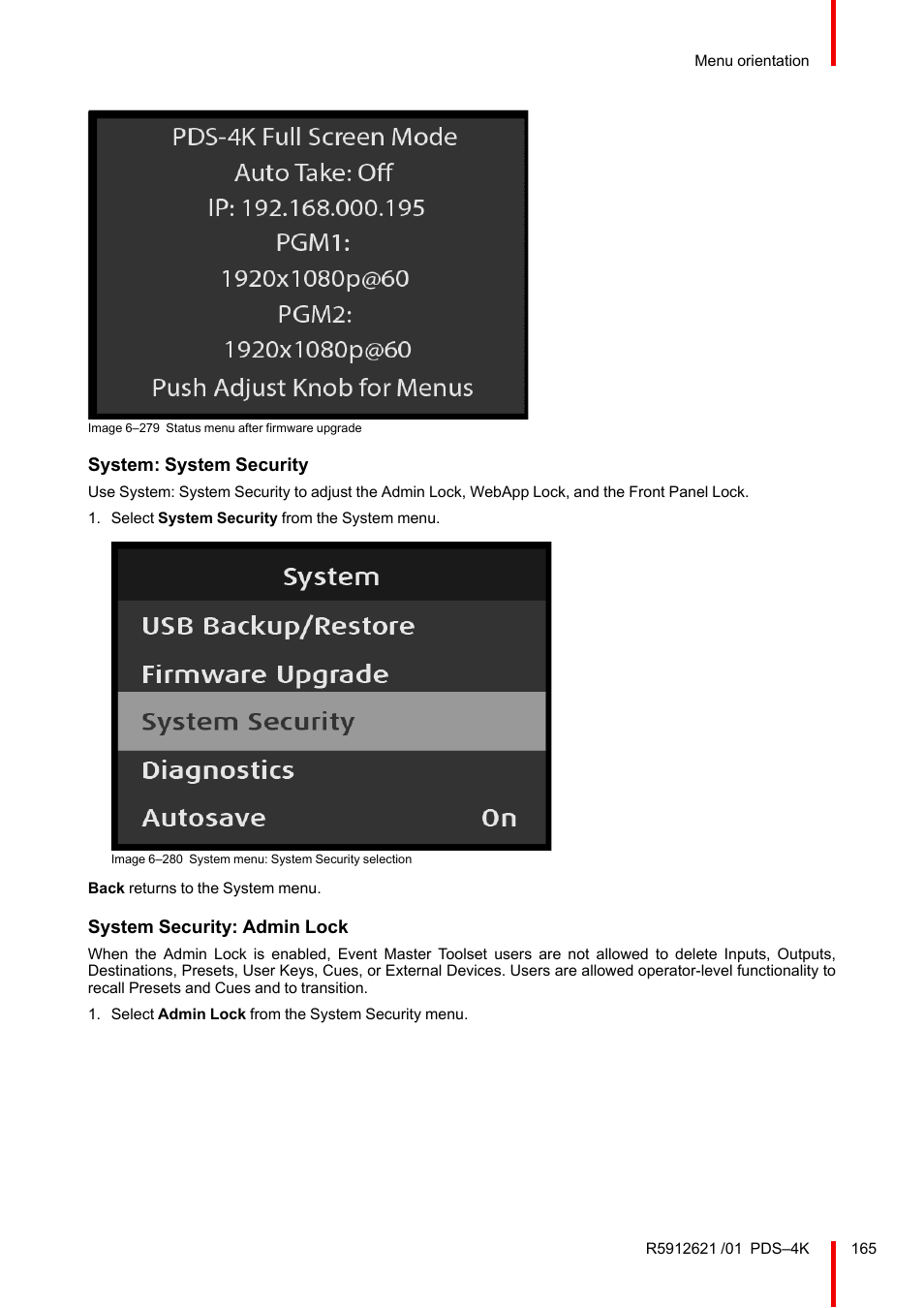 System: system security, System security: admin lock | Barco PDS-4K HDMI Presentation Switcher User Manual | Page 165 / 224
