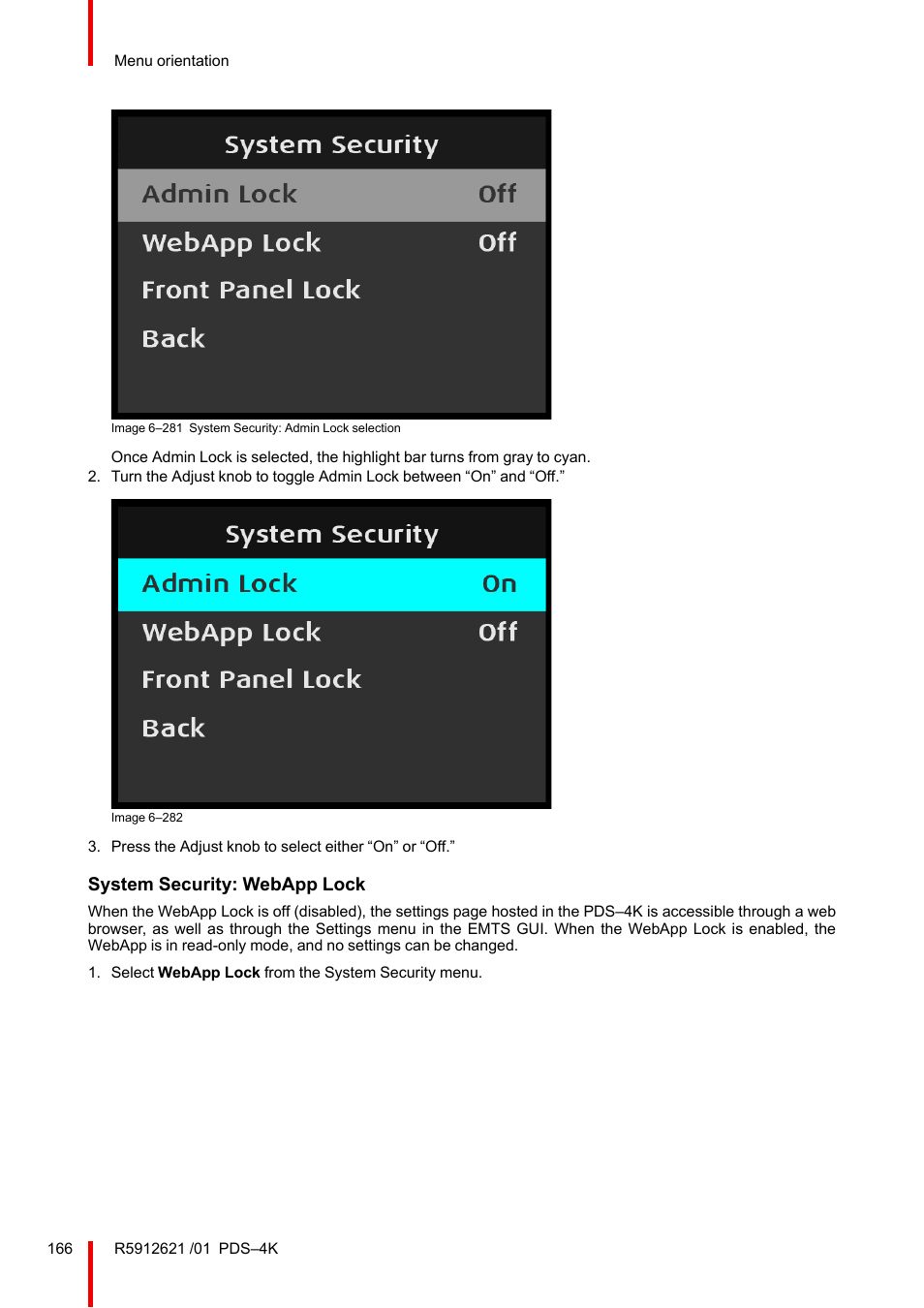 System security: webapp lock | Barco PDS-4K HDMI Presentation Switcher User Manual | Page 166 / 224