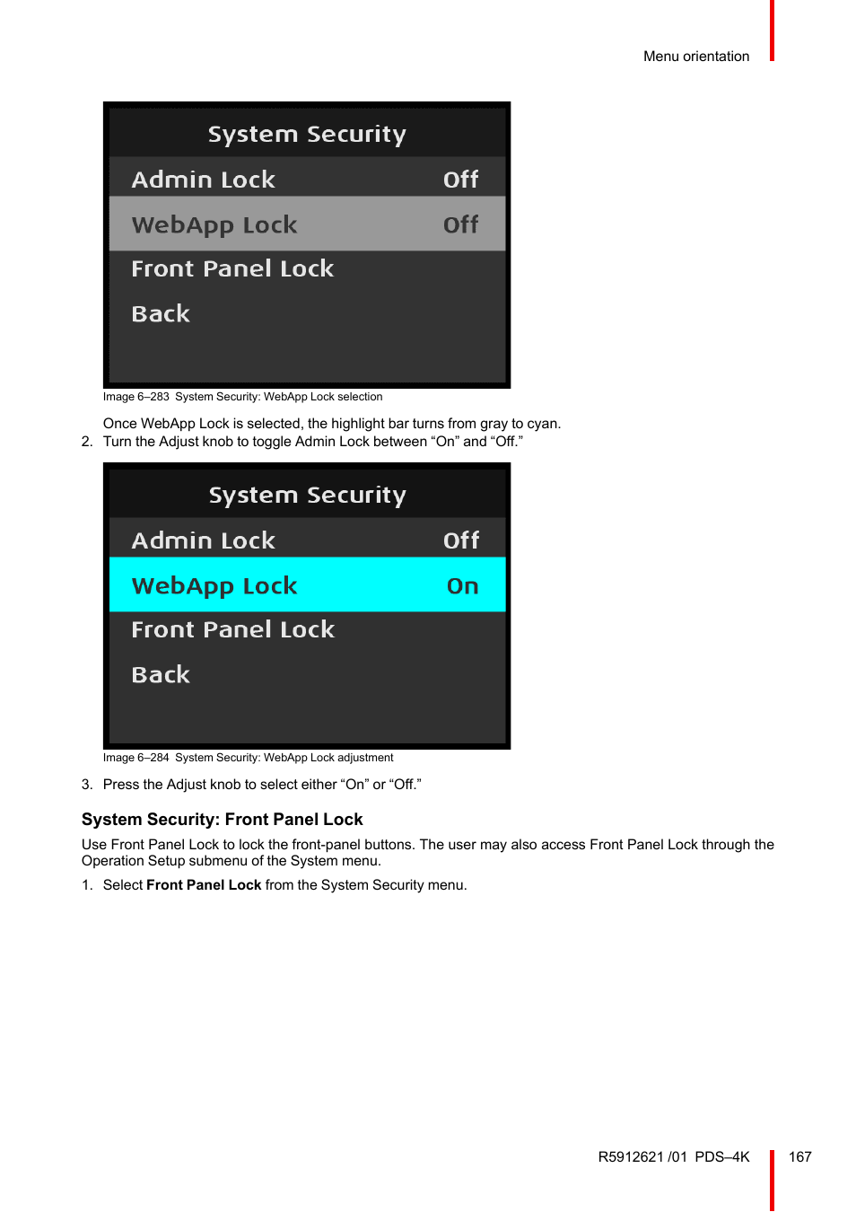 System security: front panel lock | Barco PDS-4K HDMI Presentation Switcher User Manual | Page 167 / 224