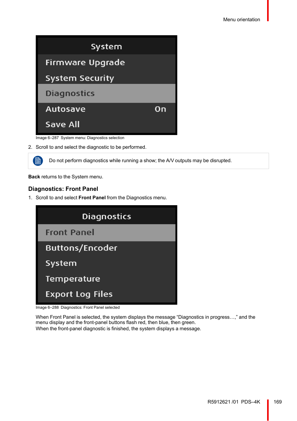 Diagnostics: front panel | Barco PDS-4K HDMI Presentation Switcher User Manual | Page 169 / 224