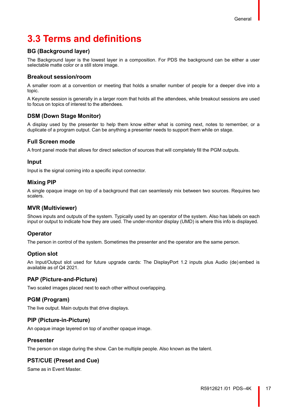 3 terms and definitions, Terms and definitions | Barco PDS-4K HDMI Presentation Switcher User Manual | Page 17 / 224