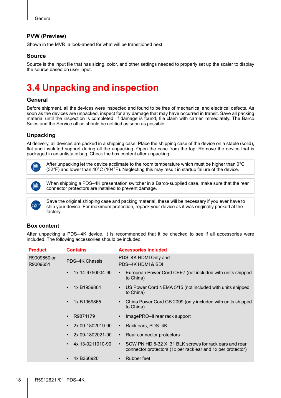 4 unpacking and inspection, Unpacking and inspection | Barco PDS-4K HDMI Presentation Switcher User Manual | Page 18 / 224